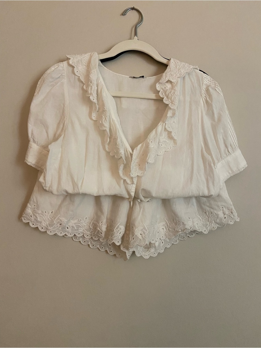 White Eyelet Ruffle Collar Blouse - Feminine Short Sleeve Top - Picture 12 of 13
